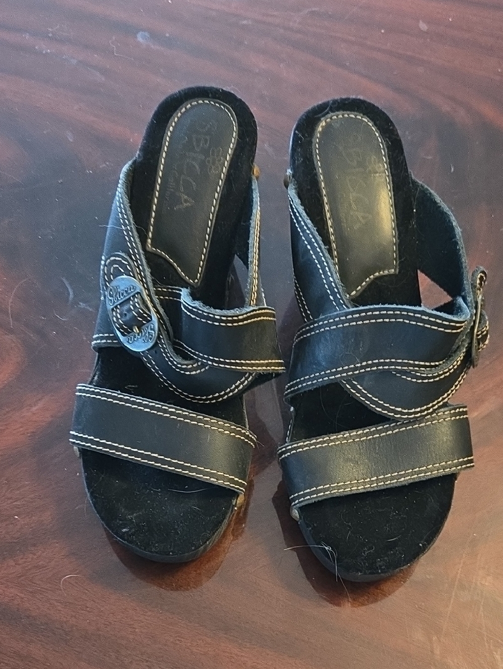 Sbicca Black Strappy Buckle Wedge Mules